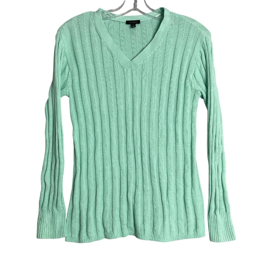 Talbots Cotton Linen Knit Sweater Jumper Womens S Green Blue‎ Preppy Spring